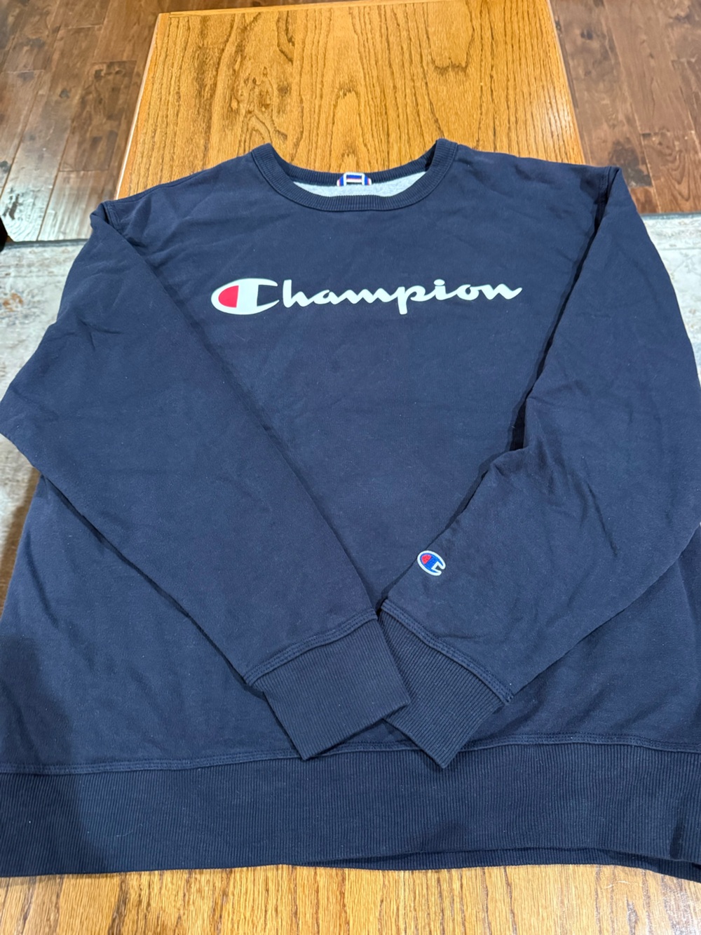 Champion Gray Sweatshirt with Blue and Red Logo Accent